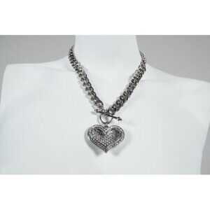 Large Rhinestone Heart Charm Pendant Collar Link Toggle Clasp Necklace